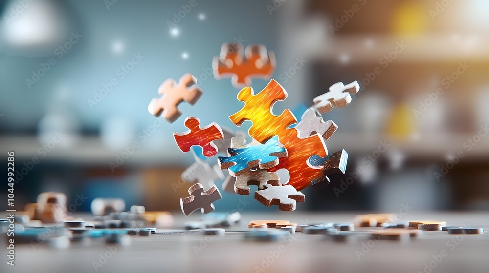 Poster Glowing brightly colored puzzle pieces suspended in mid air creating a mesmerizing dynamic abstract composition that evokes a sense of wonder and imagination