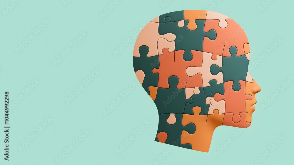 Poster Digital of a Human Head Constructed from Fragmented Puzzle Pieces Highlighting Mental Health Themes and the Importance of Wellness Designed by Generative AI