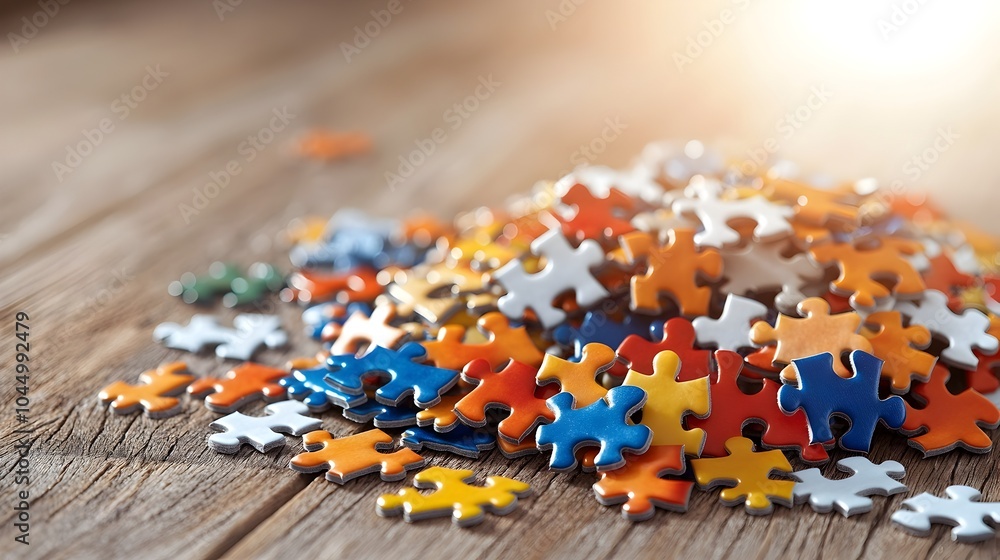 Aufkleber vibrant puzzle pieces of various shapes and sizes scattered across a wooden table creating a unique 