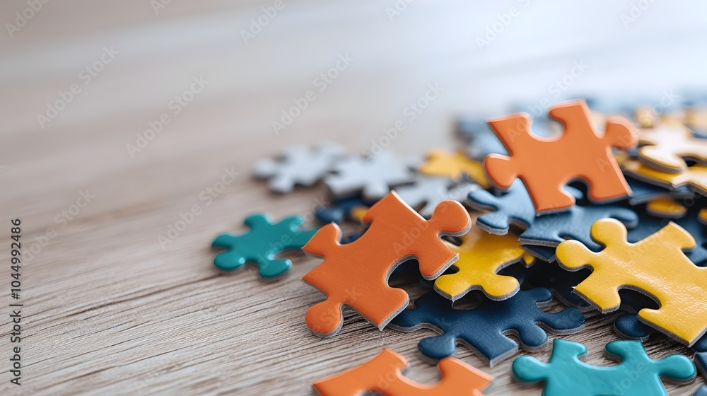 Aufkleber a pile of colorful puzzle pieces with various shapes and sizes scattered across a wooden table casti