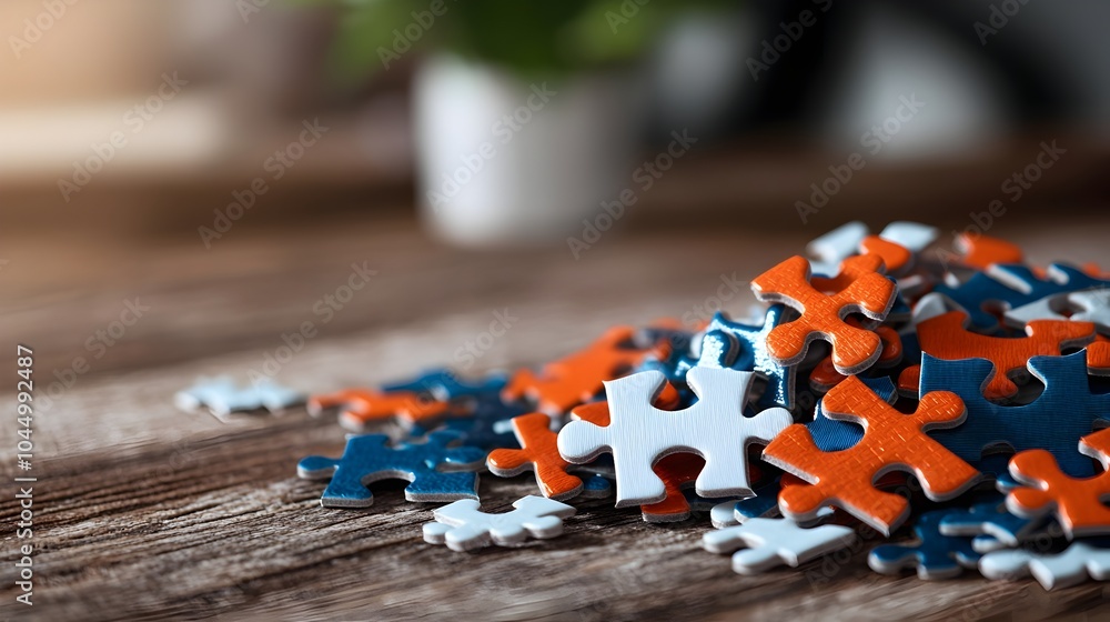 Poster Assortment of Vibrant Puzzle Pieces of Various Shapes and Sizes Scattered Across a Wooden Table Casting Soft Shadows and Creating an Abstract Geometric Design
