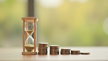 Time and money concept with hourglass and coin stacks