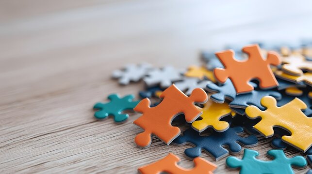 A pile of colorful puzzle pieces with various shapes and sizes scattered across a wooden table casting soft shadows and creating an abstract creative and decorative composition