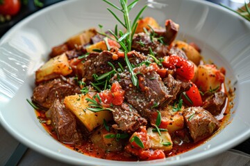A dish of lamb kleftiko, slow-cooked lamb with potatoes, tomatoes, and herbs, garnished with fresh rosemary