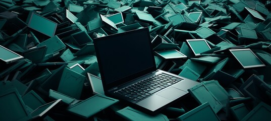 A laptop resting amidst a chaotic pile of old and discarded electronic devices in a dark setting