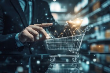 Sale Growth Concept: A Businessman Interacts With A Graph Showing Increased Sales, With A Shopping Cart Icon On A Virtual Screen, Representing E-Commerce Growth.