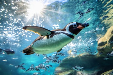 Penguin Swimming Gracefully in an Aquarium Under a Blue Sky