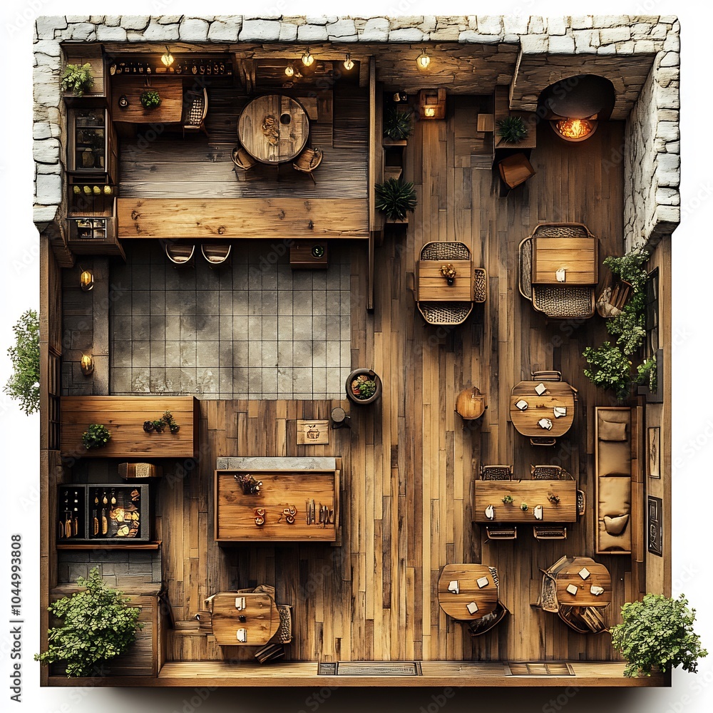 Poster top view 3d render of rustic caf with wooden tables and chairs a central fireplace area and a counte