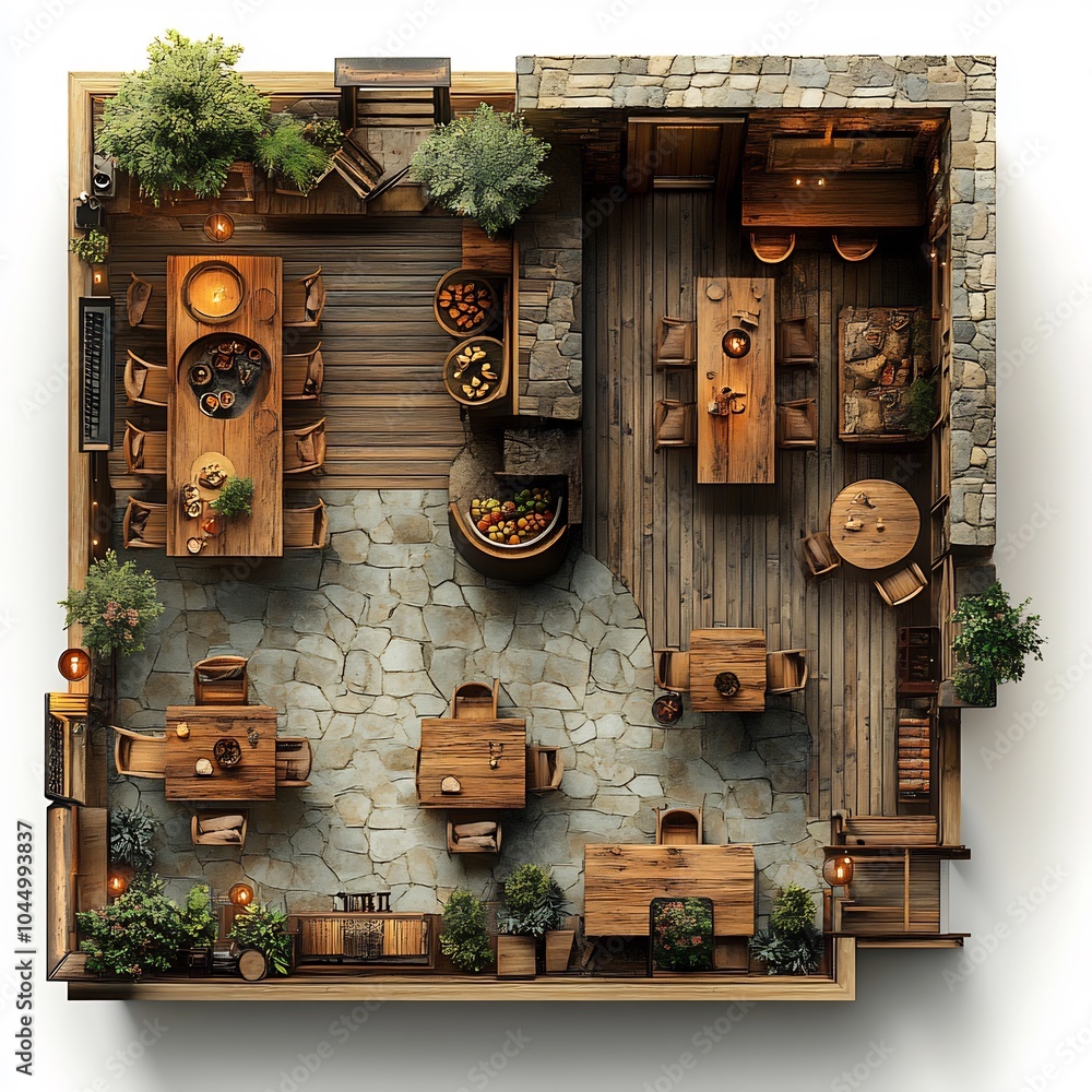 Poster top view 3d render of rustic caf with wooden tables and chairs a central fireplace area and a counte