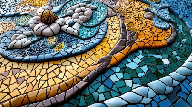 Colorful Mosaic Design in Park Guell, Barcelona