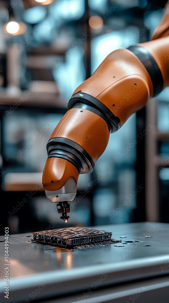 Poster robotic arm assembling electronic components in a high-tech industrial setting