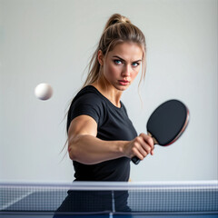 Woman with tennis racket in sport suit isolated.