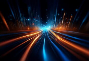 Obraz premium A dark background with blue and orange streaks of light that converge into a tunnel.