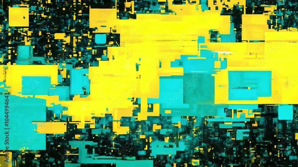 Poster abstract digital artwork featuring vibrant yellow and turquoise blocks arranged in a dynamic composi