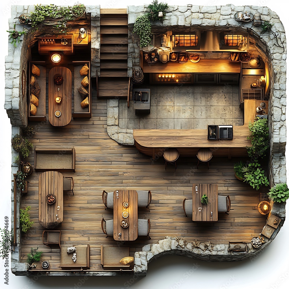 Aufkleber top view 3d render of rustic caf layout with wooden tables comfortable chairs a cozy fireplace and a