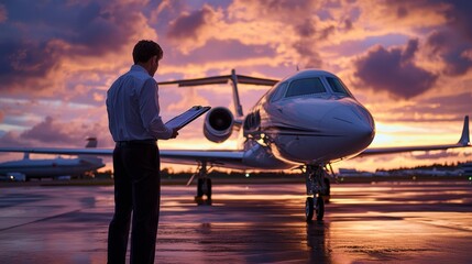 Pre-Flight Checklist: A pilot performing a pre-flight checklist, inspecting aircraft before takeoff