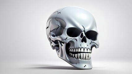 A 3D cartoon style aged human skull, covered with cracks, isolated on white background. Scary human head cranium symbol illustration.