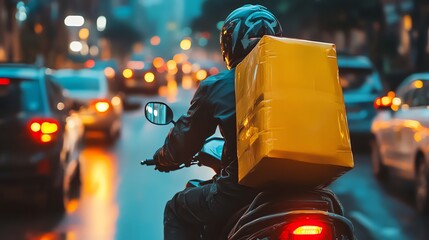 A food delivery driver on a motorcycle in city traffic.