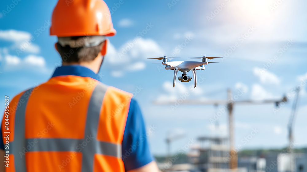 Poster a construction worker using a drone for site monitoring and inspection in an urban environment
