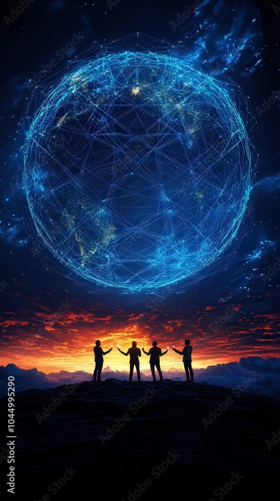 Aufkleber exploring the digital universe a group's connection with technology and nature beneath a futuristic 