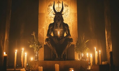 A horned demon statue sits amidst lit candles.