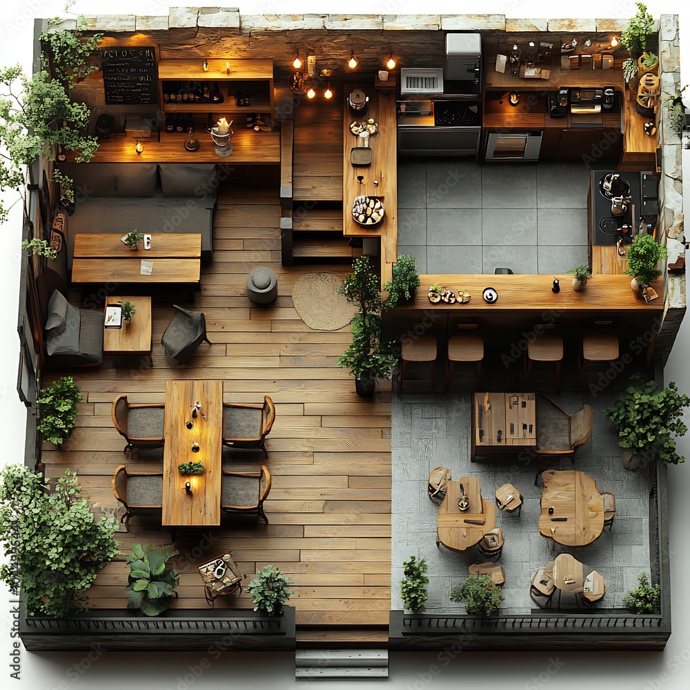 Aufkleber top view 3d render of rustic caf layout with wooden tables comfortable chairs a cozy fireplace and a