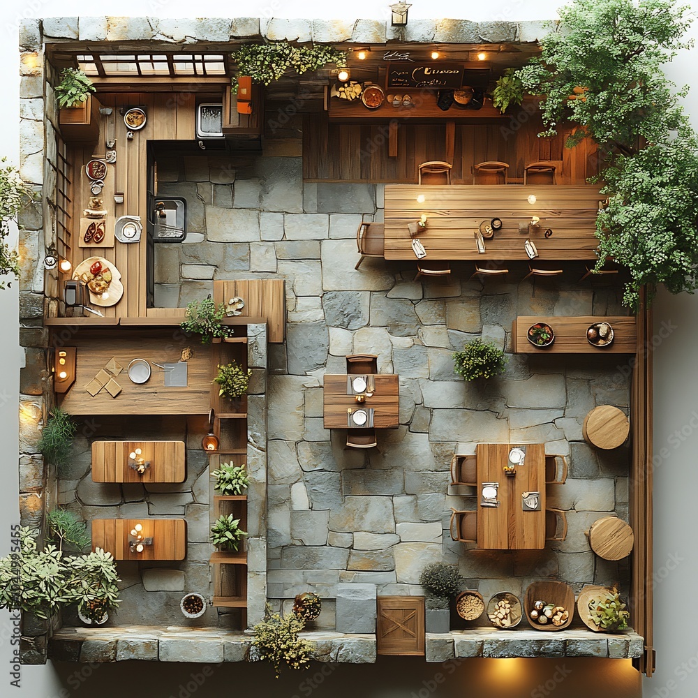 Aufkleber top view 3d render of rustic caf layout with wooden tables comfortable chairs a cozy fireplace and a