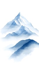 Illustration of blue mountains in the fog, vector art, white background, flat design