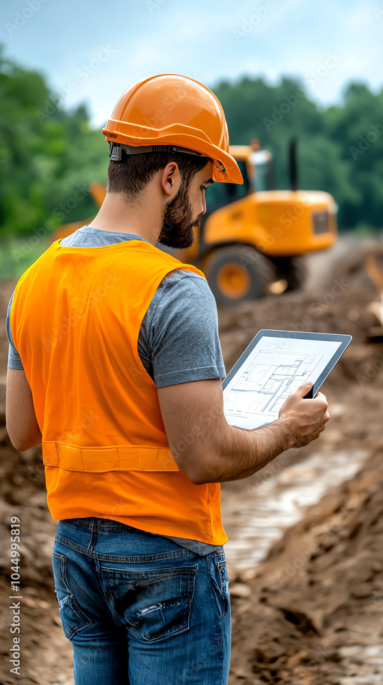 Poster construction worker using digital tablet on site for project management and planning