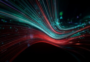 Red and teal abstract lines curve and bend on a black background.