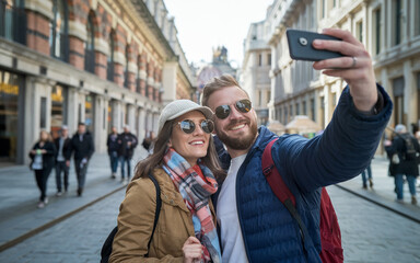 Smiling tourist couple taking a selfie while exploring a city, capturing joyful travel memories together.

