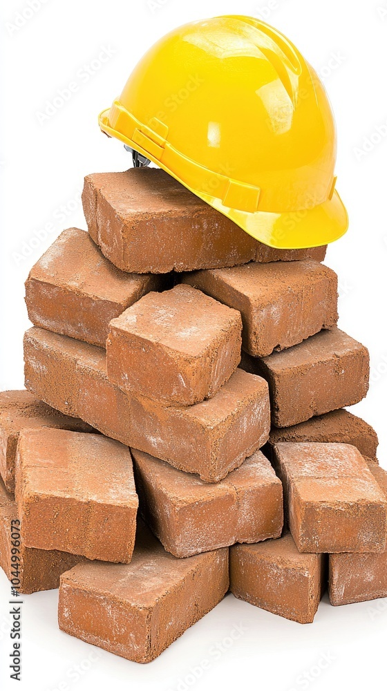 Poster a stack of bricks with a yellow helmet resting atop on a pristine white background showcasing constr