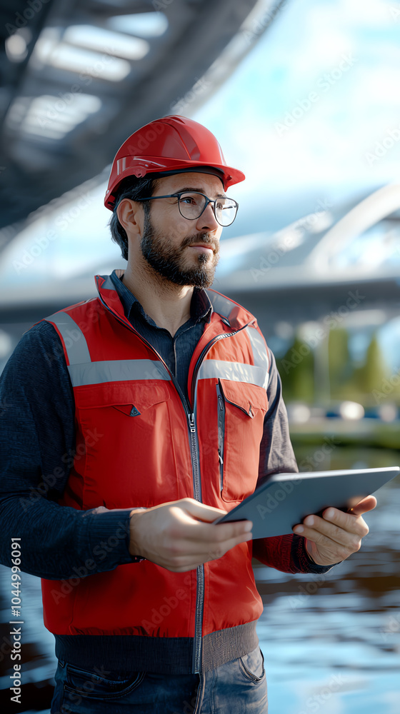 Poster a construction professional analyzing project data by the water's edge with modern infrastructure in