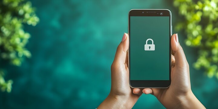 Person holds a cell phone with a lock on the screen which stands for cyber security