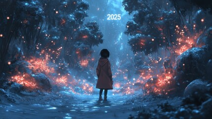 Fototapeta premium Anime scene of a girl standing in a snowy forest with fire, 2025