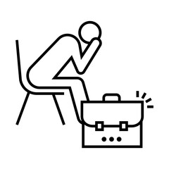 Unemployment Icon – Silhouette of a Person Sitting with Head Down Next to a Briefcase, Representing Job Loss