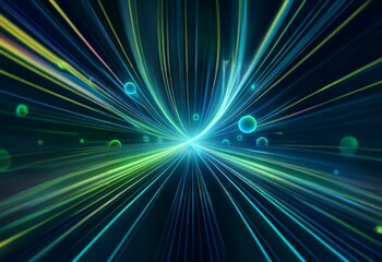 Abstract blue and green lines converge in a central point on a dark background.
