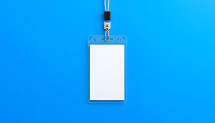 Name tag, badge mockup. Lanyard card blank on blue background isolated with white highlights, png