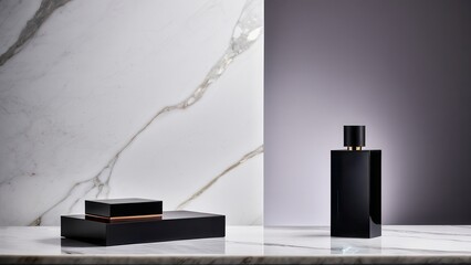 Fototapeta premium Sleek black perfume bottle with gold accents, resting on a marble surface, evoking luxury, elegance, and modern sophistication.