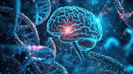 Image of scientific data processing over human brain and dna strands on dark background . 
