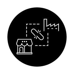 Supply Chain Disruption Icon &ndash; Broken Chain Link Between Factory and Store Icons, Indicating Interruption in Goods Flow