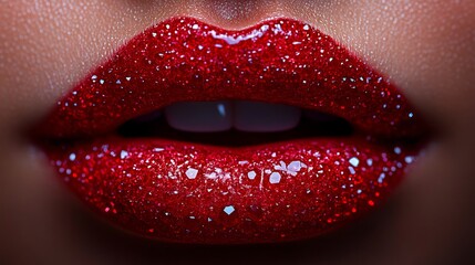 A close up of a woman's lips with red glitter on it