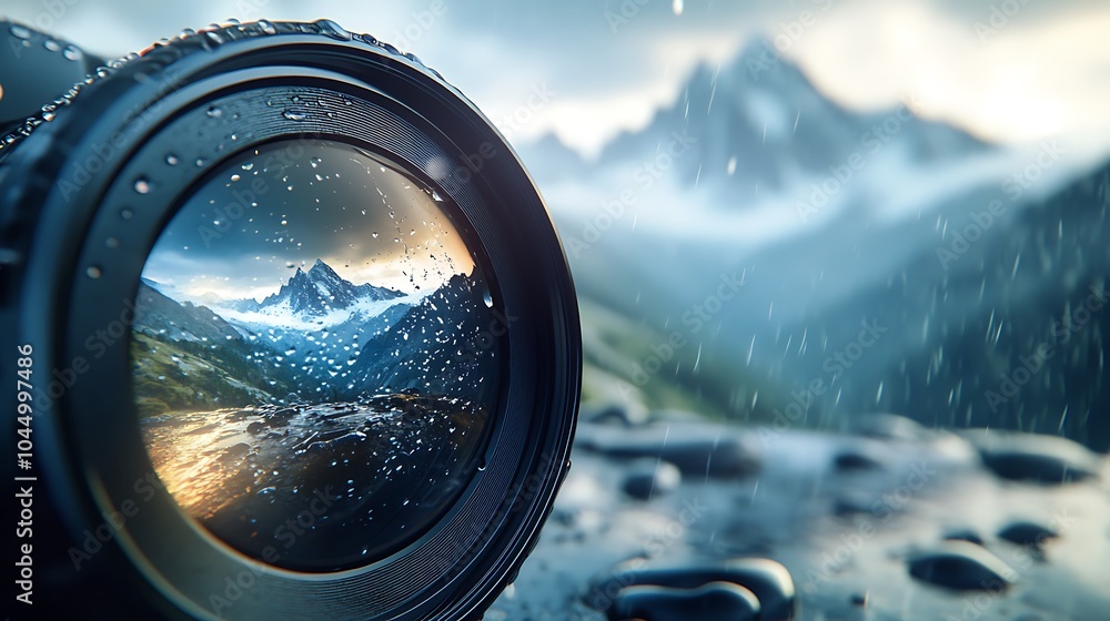 Poster a dramatic close-up of a camera lens capturing a distant mountain scene, focusing on the intricate d
