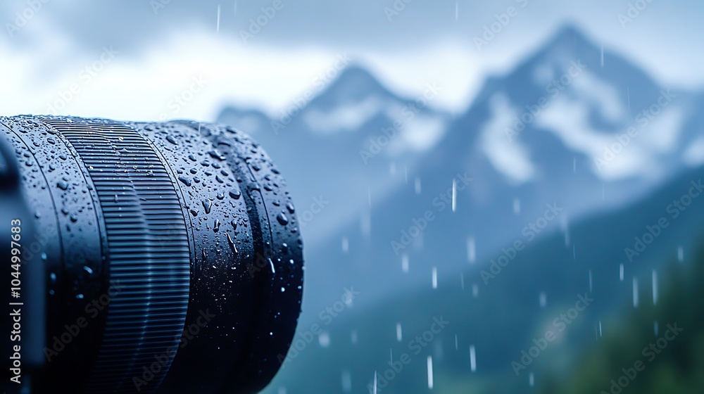 Poster a dramatic close-up of a camera lens capturing a distant mountain scene, focusing on the intricate d