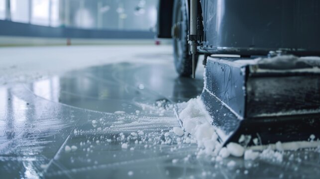 The zamboni machine resurfacing the ice and leaving behind a smooth and flawless surface.