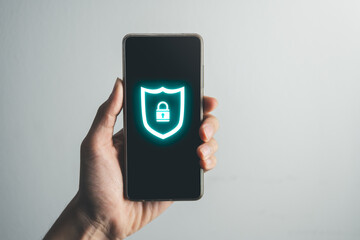 Data Security system concept, Business man use laptop with security icon screen, innovation technology, cloud computing, internet network communication