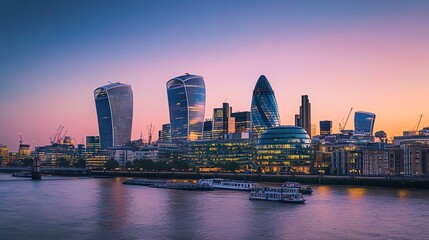 Obraz premium A panoramic view of London's skyline at dusk, with the city's iconic skyscrapers illuminated against a vibrant purple sky.