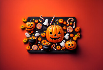 Fototapeta premium A festive Halloween arrangement featuring jack-o-lanterns, candy, ghosts, and a cauldron on a black slate against a vibrant red background.