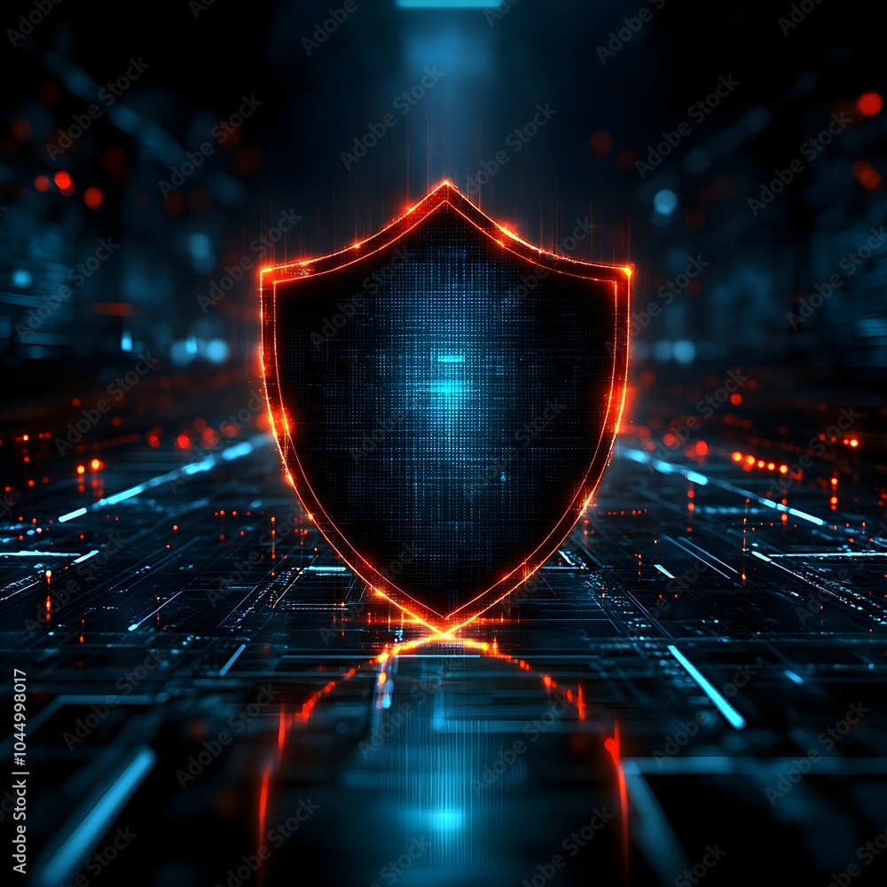 Poster a glowing shield icon standing as a symbol of cybersecurity resilience in the middle of a dark digit