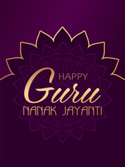 Golden text Happy Guru Nanak Jayanti on purple background with floral frame. Elegant festive design for greeting card, banner or poster for birthday of Guru Nanak Gurpurab.